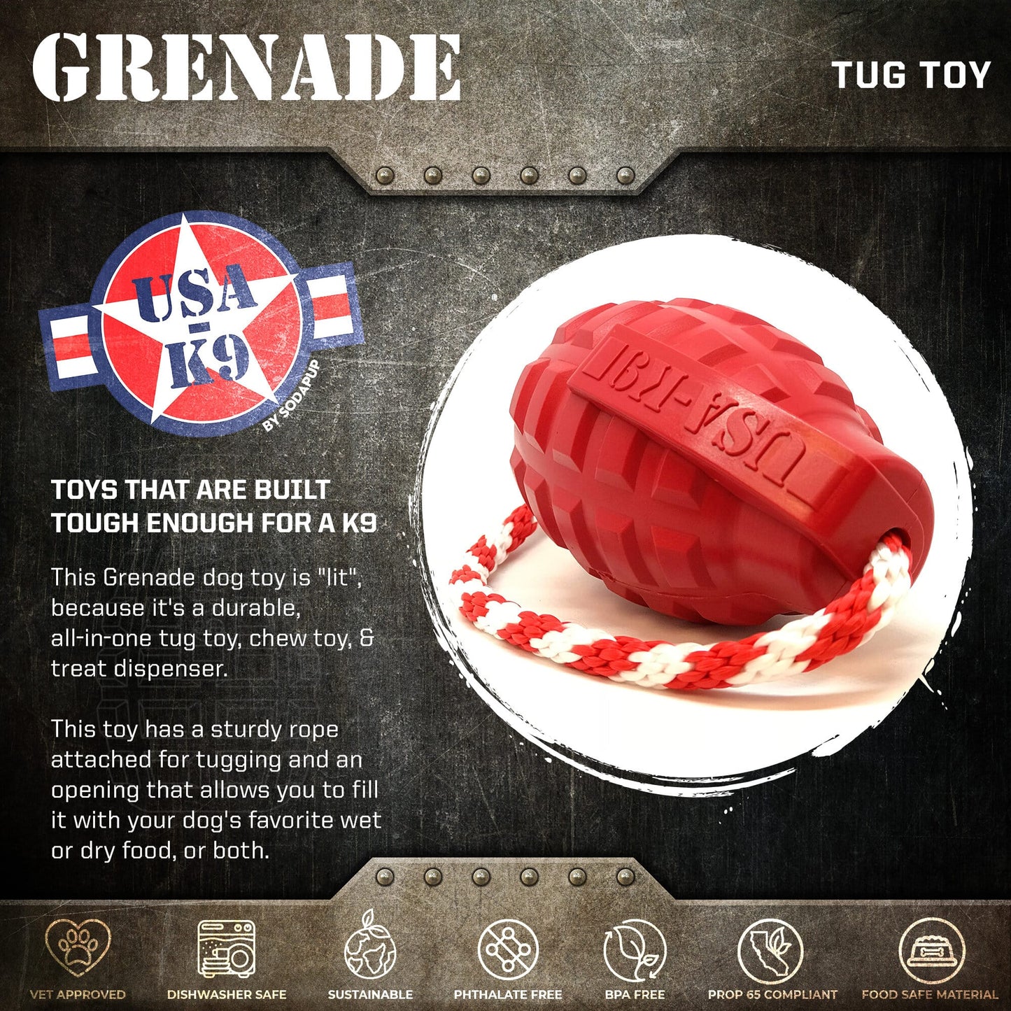 USA-K9 Grenade Shaped Durable Rubber Chew Toy, Treat Dispenser, Reward Toy, Tug Toy, and Retrieving Toy