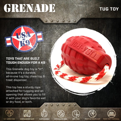 USA-K9 Grenade Shaped Durable Rubber Chew Toy, Treat Dispenser, Reward Toy, Tug Toy, and Retrieving Toy