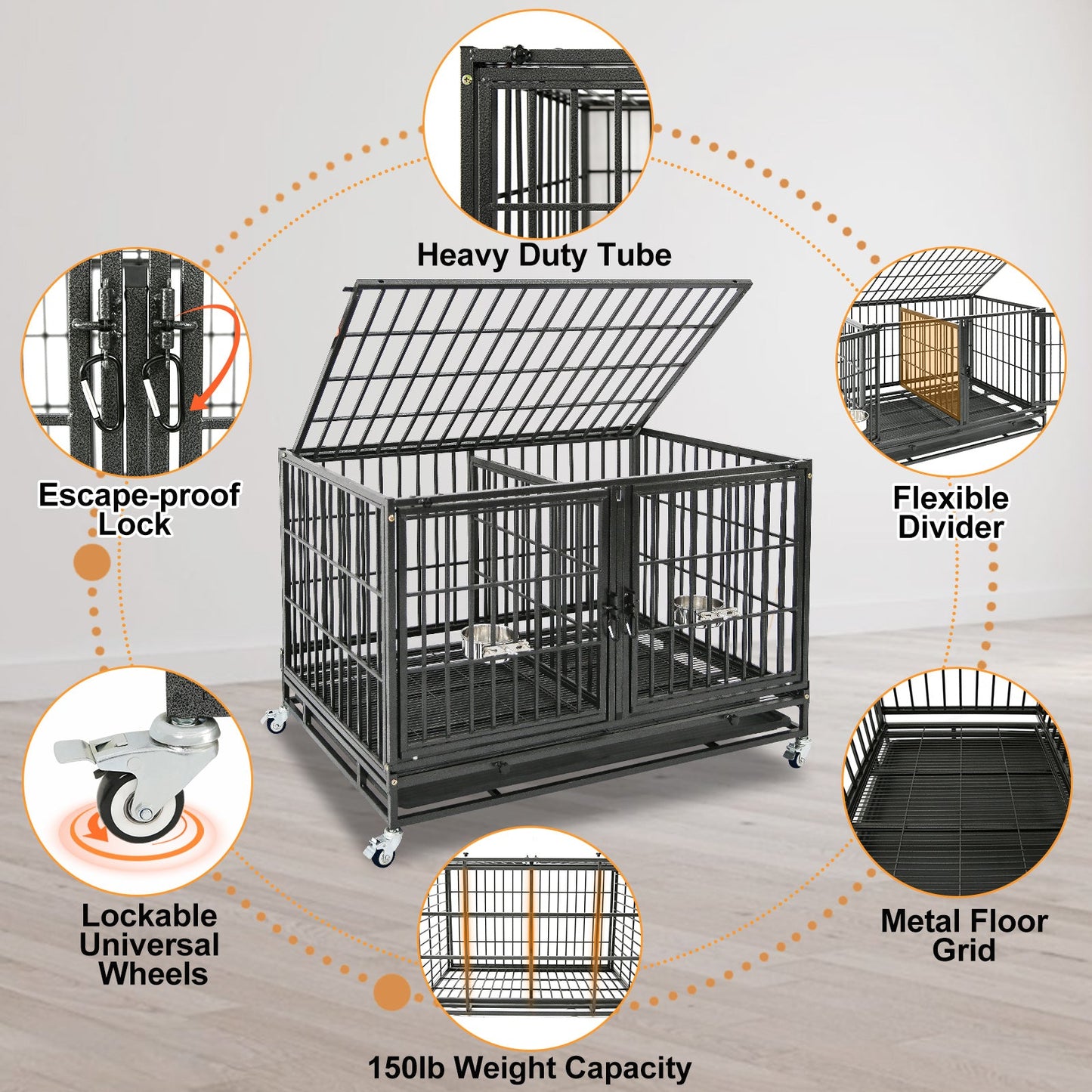 43" Three-Tier Foldable Dog Crate 43TTS