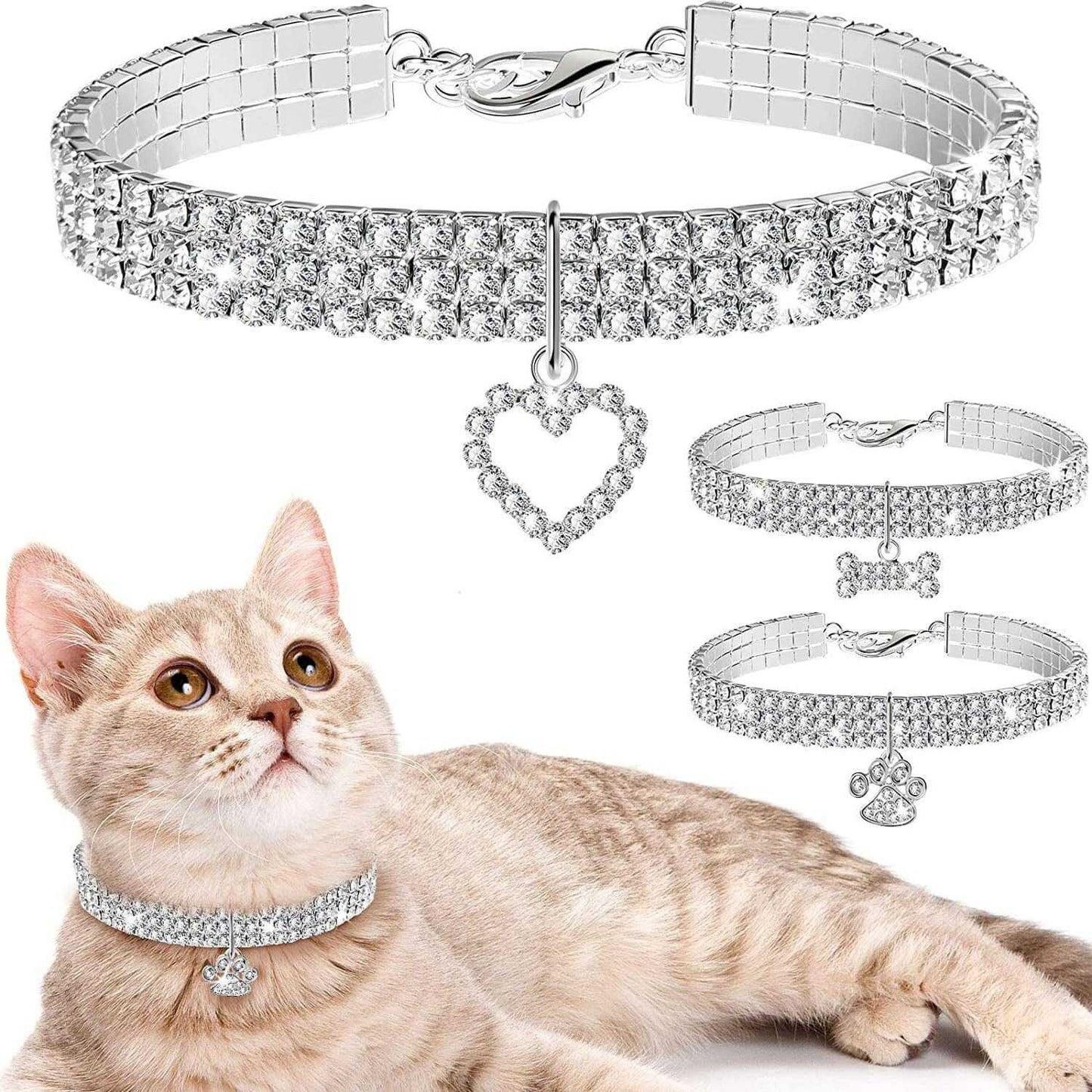 3-Piece Bling Rhinestones Pet Collars Glitter Pendant Dog Collars Adjustable Crystal Cat Collar Elastic Pet Necklace for Small Pet Cat Dogs Puppy (White)
