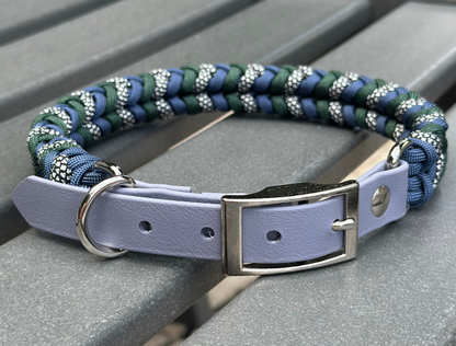 Coiled Charm Hand Braided Dog Collar in Navy, Emerald Green, & Silver Diamonds