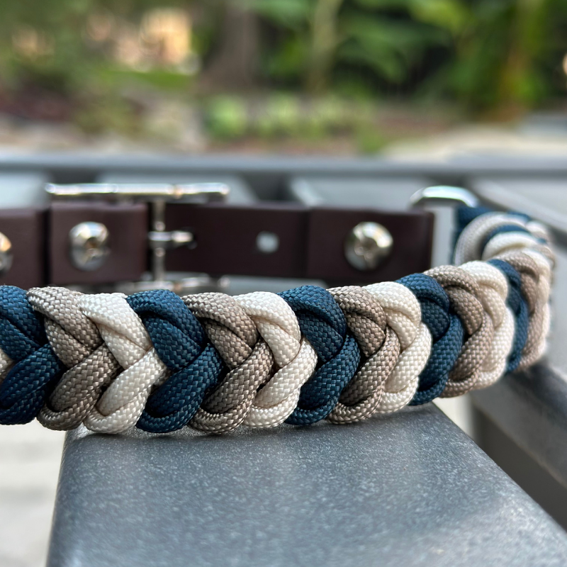Coiled Charm Hand Braided Dog Collar in Navy, Tan, & Cream