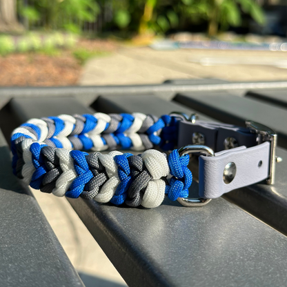 Coiled Charm Hand Braided Dog Collar in Royal Blue, Graphite, & White