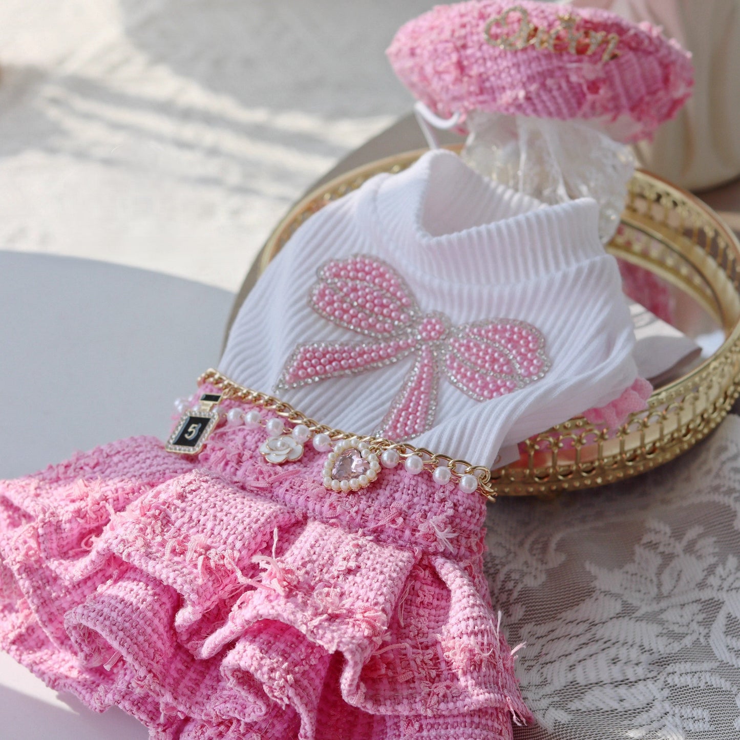 Handmade Chic Puppy Suit Pink Tweed Skirt Outfit