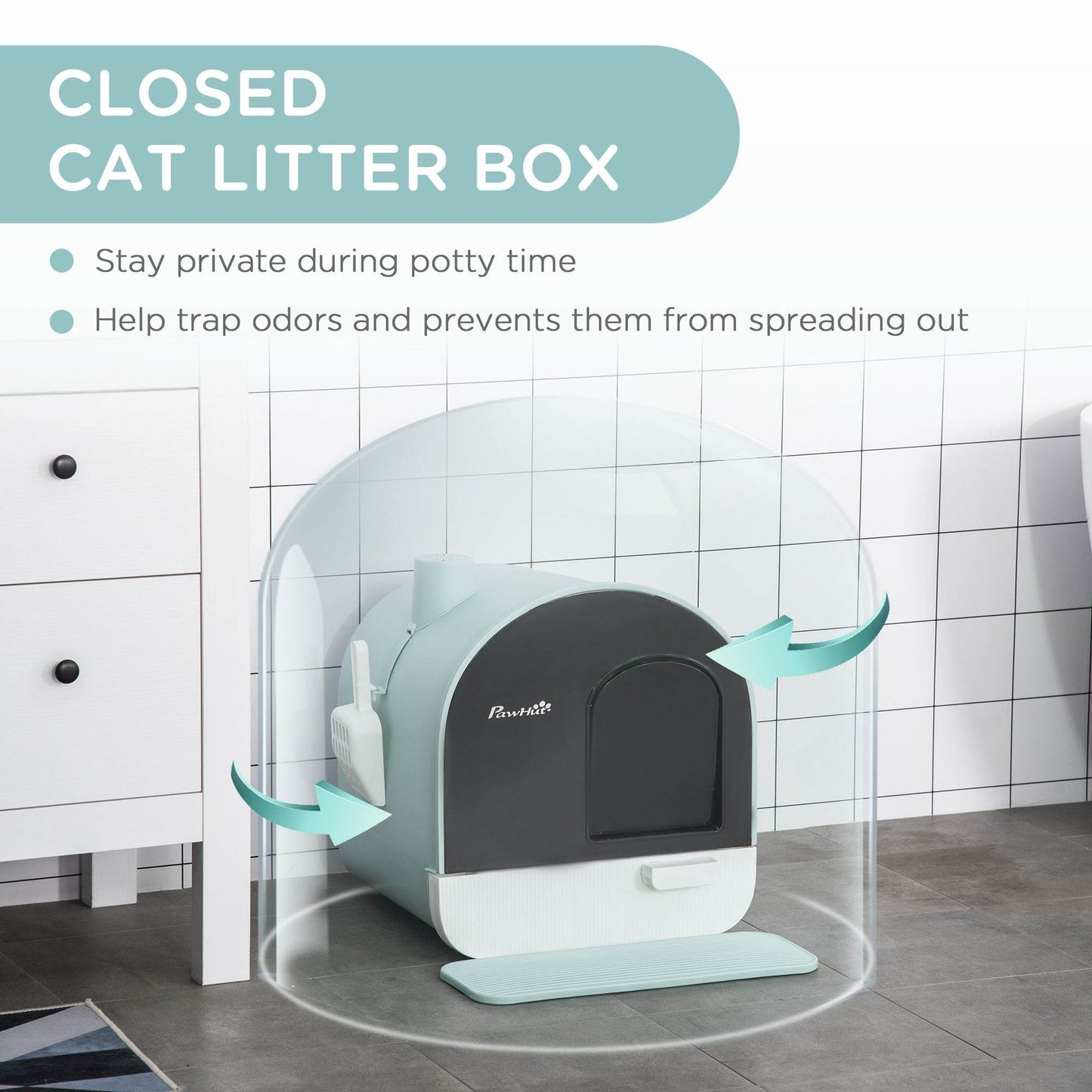 Covered Cat Litter Box with Odor Filter - Complete Privacy Kit with Tray, Scoop & Mat | Green Hooded Litter House