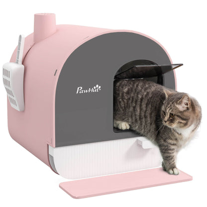 Pink Covered Cat Litter Box with Odor Filter - Complete Privacy Kit with Tray, Scoop & Mat | Compact Hooded Litter House