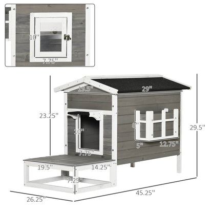 Weatherproof Outdoor Cat House with Porch & Escape Door - Feral Cat Shelter with Plant Stand | Dark Grey/White Wood Construction