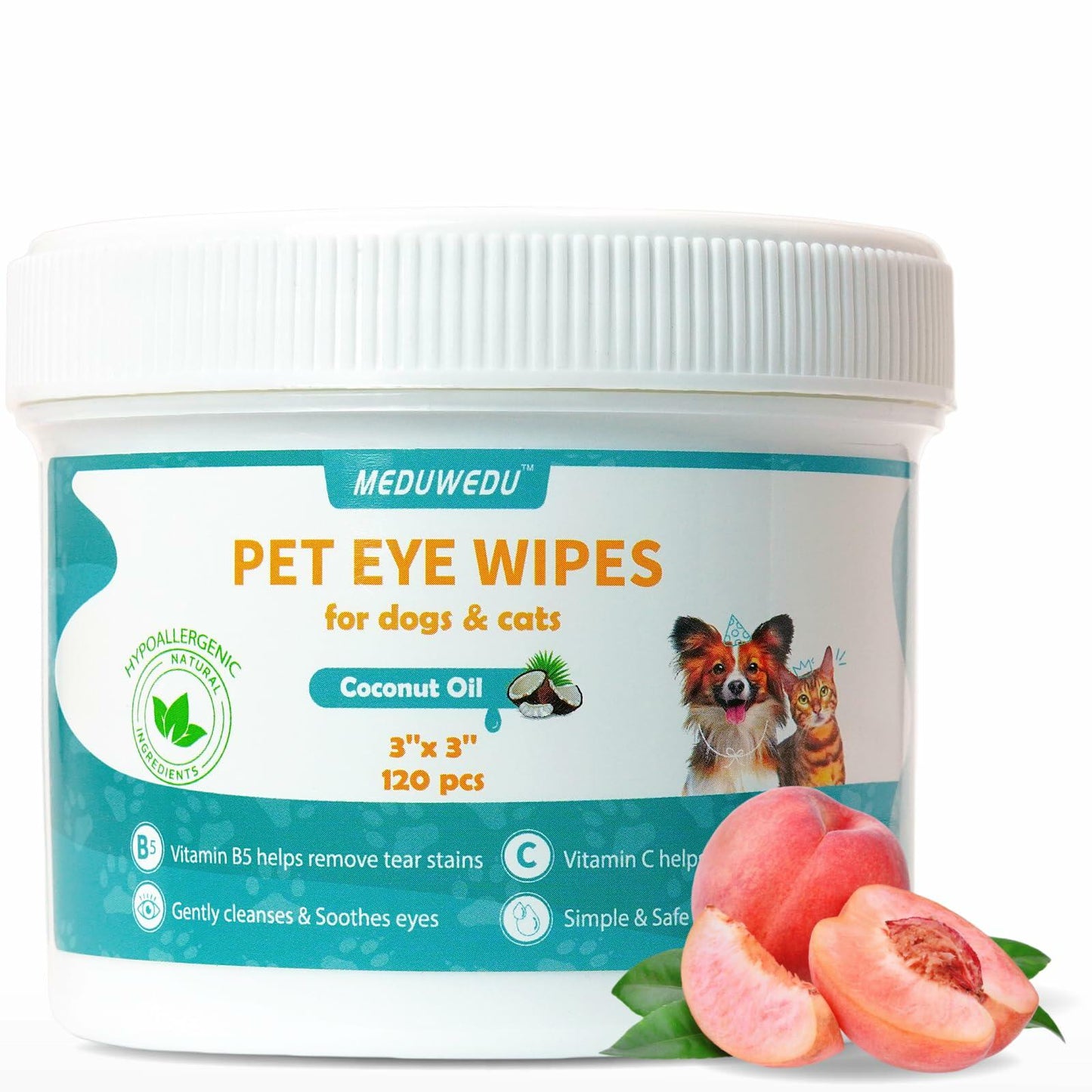 BestBy09/26 MEDUWEDU Dog & Cat Eye Wipes 120 Count Peach Scent Grooming Care