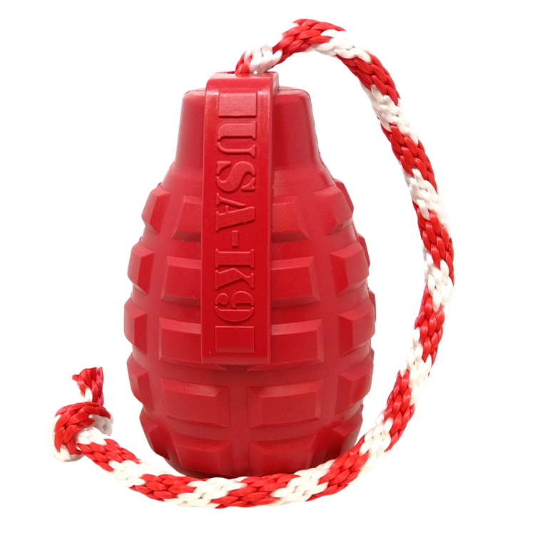 USA-K9 Grenade Shaped Durable Rubber Chew Toy, Treat Dispenser, Reward Toy, Tug Toy, and Retrieving Toy