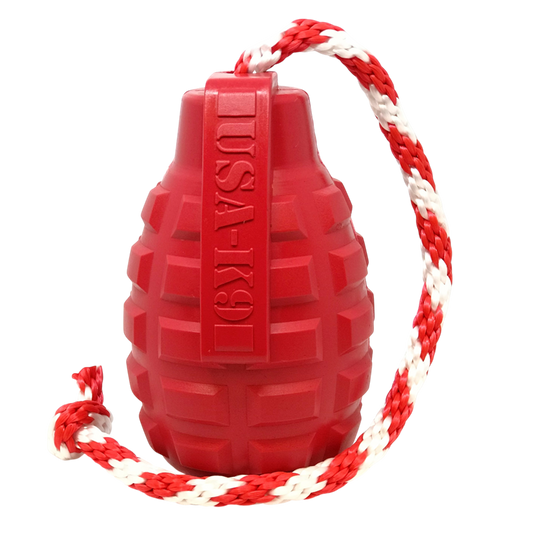 USA-K9 Grenade Shaped Durable Rubber Chew Toy, Treat Dispenser, Reward Toy, Tug Toy, and Retrieving Toy